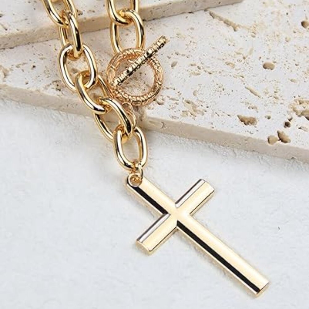 Chunky Gold Cross Necklace for Women Layered Necklace Retro Big - Picture 3 of 5
